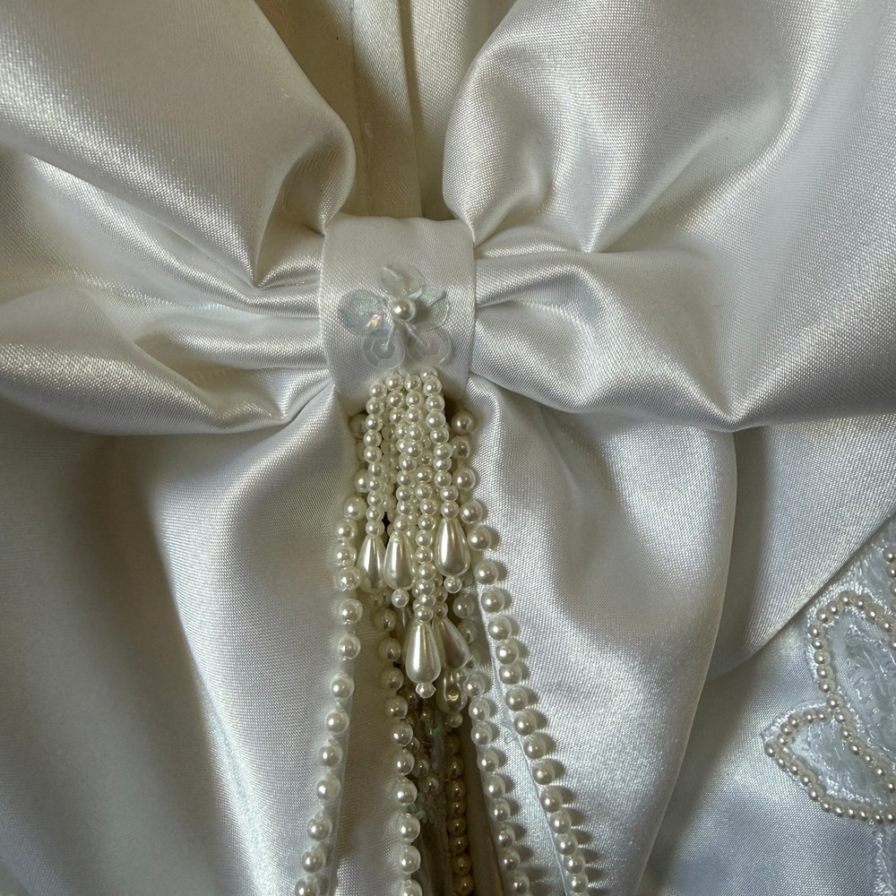 Vintage Lili International 80s Wedding Dress Satin Lace Puff Sleeve Back Bow - Picture 11 of 16